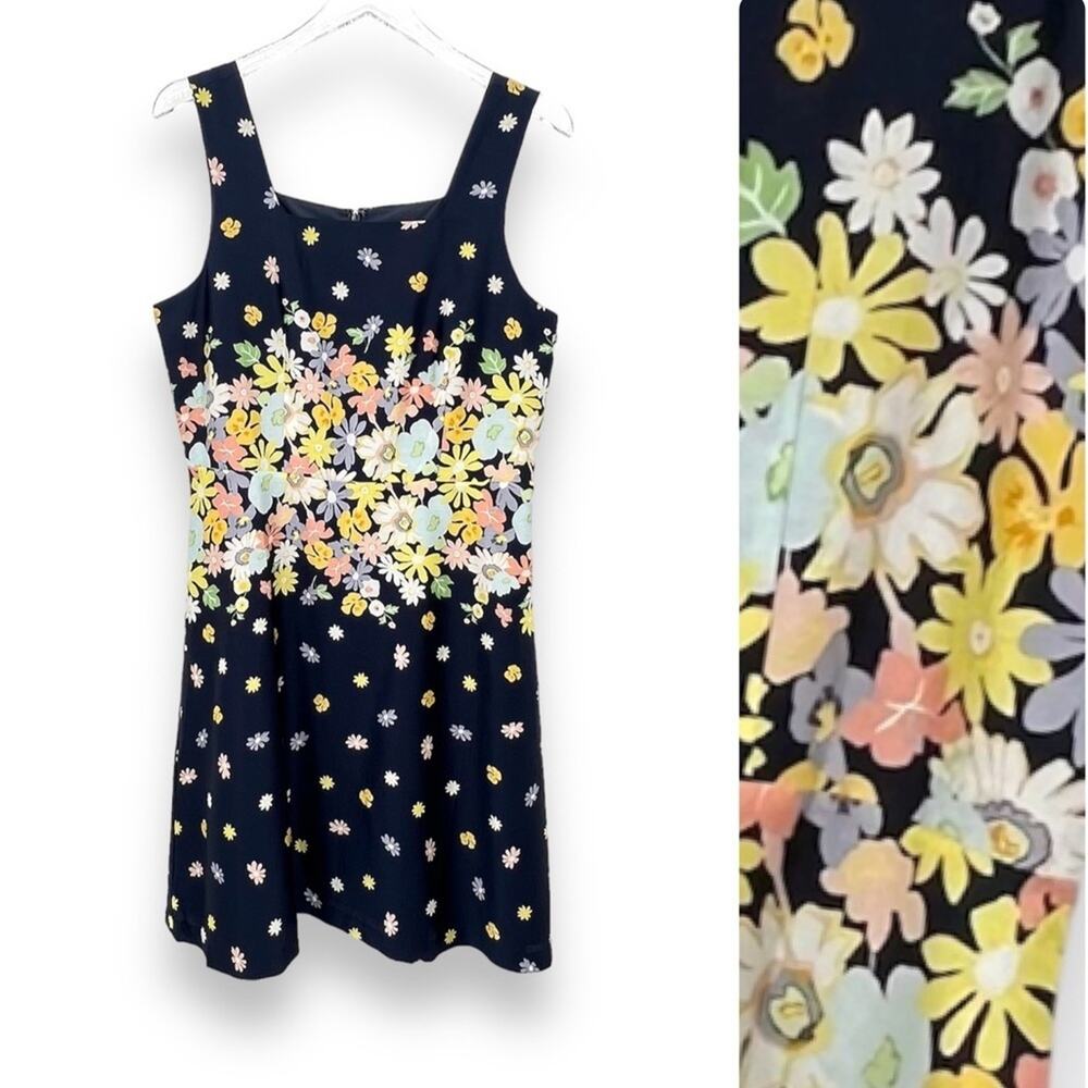 Loft dress size 8 navy yellow daisies floral sleeveless fit and flare shift NEW